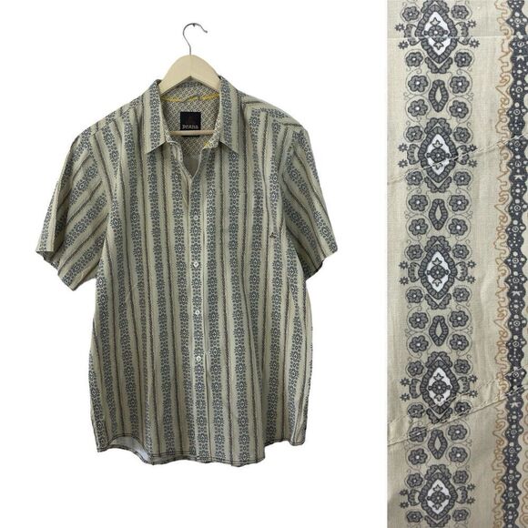 PrAna X-Large Button Shirt Short Sleeve Tan Beige 100% Organic Cotton Mens